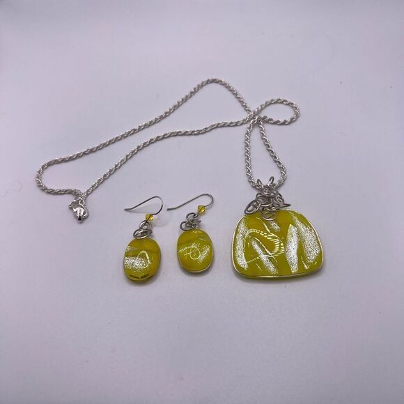 Yellow & Silver Dichroic Pendant Necklace & Earring Set. 925 Sterling Chain - Picture 3 of 11